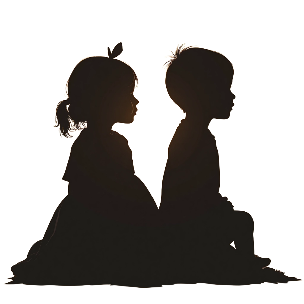 Silhouette of Two Children Sitting Back to Back